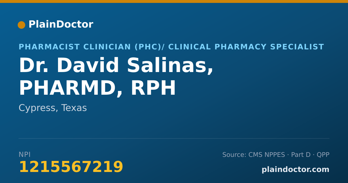 Shareable card for David Salinas, PHARMD, RPH - Pharmacist Clinician (PhC)/ Clinical Pharmacy Specialist, Cypress, TX