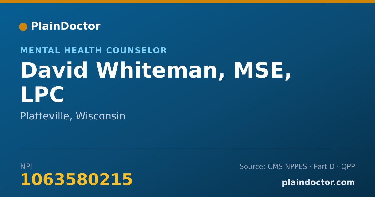 Shareable card for David Whiteman, MSE, LPC - Mental Health Counselor, Platteville, WI