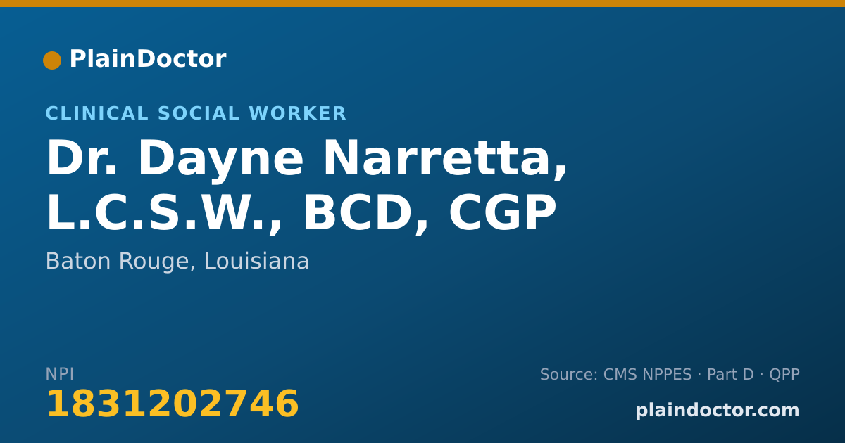 Shareable card for Dayne Narretta, L.C.S.W., BCD, CGP - Clinical Social Worker, Baton Rouge, LA