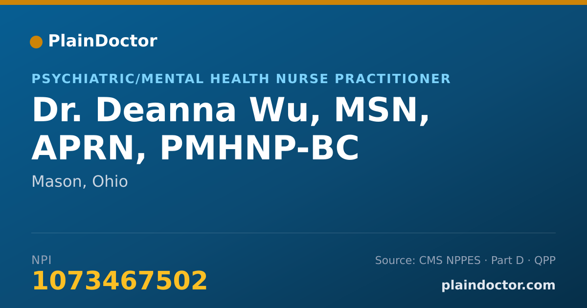 Shareable card for Deanna Wu, MSN, APRN, PMHNP-BC - Psychiatric/Mental Health Nurse Practitioner, Mason, OH