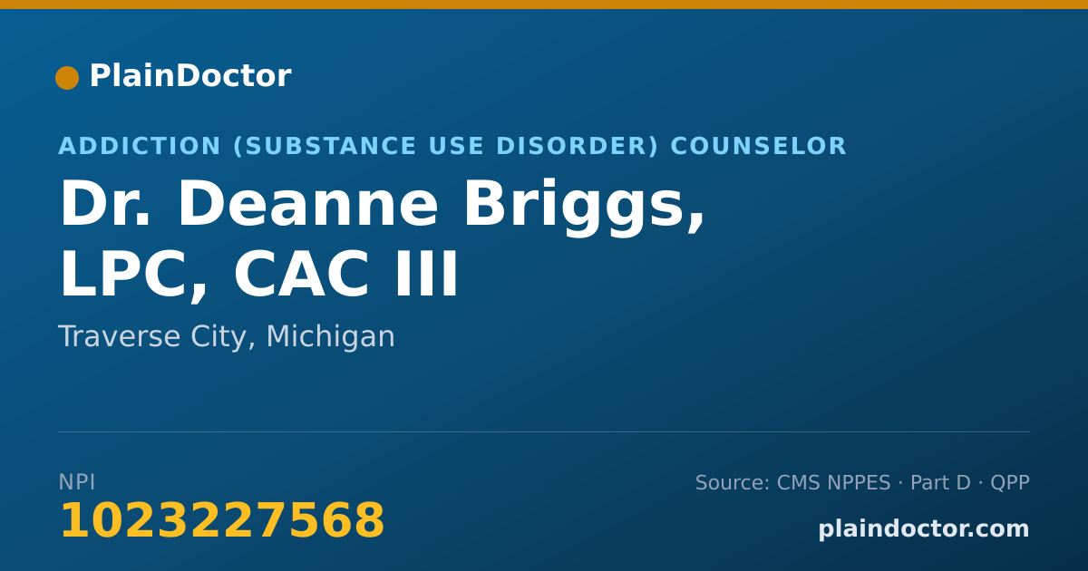Shareable card for Deanne Briggs, LPC, CAC III - Addiction (Substance Use Disorder) Counselor, Traverse City, MI
