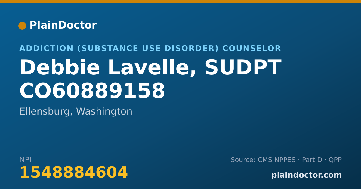 Shareable card for Debbie Lavelle, SUDPT CO60889158 - Addiction (Substance Use Disorder) Counselor, Ellensburg, WA