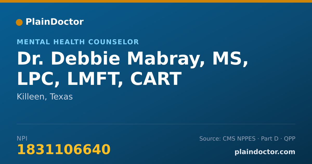 Shareable card for Debbie Mabray, MS, LPC, LMFT, CART - Mental Health Counselor, Killeen, TX