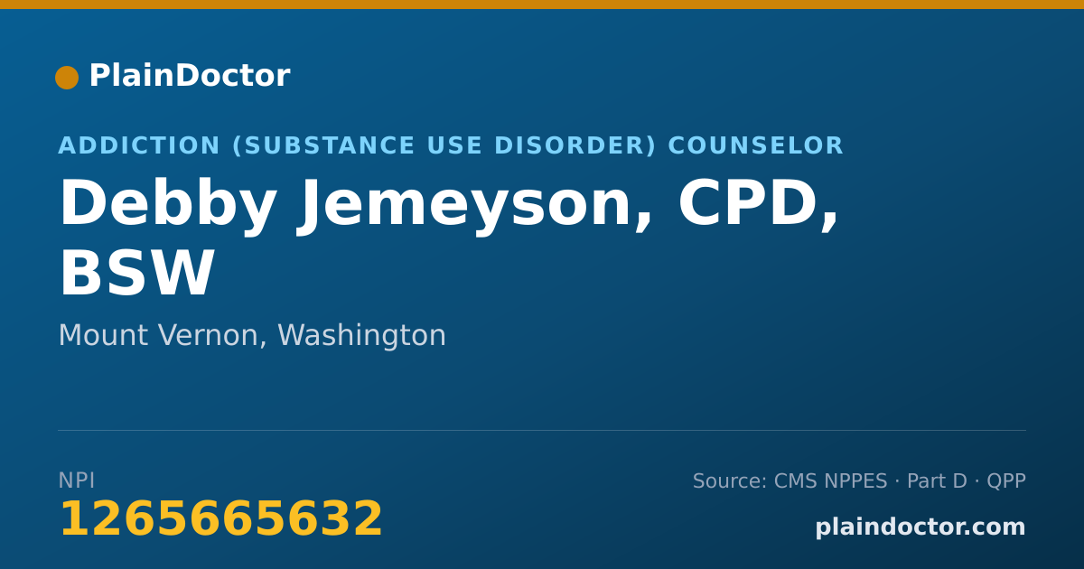 Shareable card for Debby Jemeyson, CPD, BSW - Addiction (Substance Use Disorder) Counselor, Mount Vernon, WA