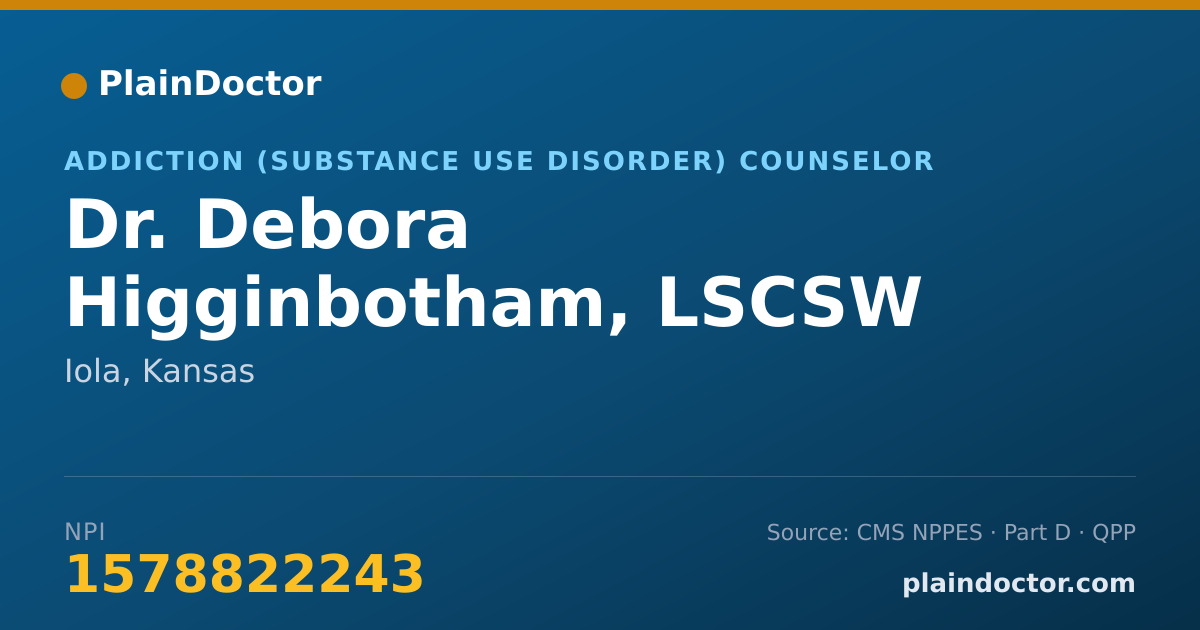 Shareable card for Debora Higginbotham, LSCSW - Addiction (Substance Use Disorder) Counselor, Iola, KS