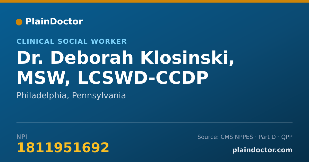 Shareable card for Deborah Klosinski, MSW, LCSWD-CCDP - Clinical Social Worker, Philadelphia, PA