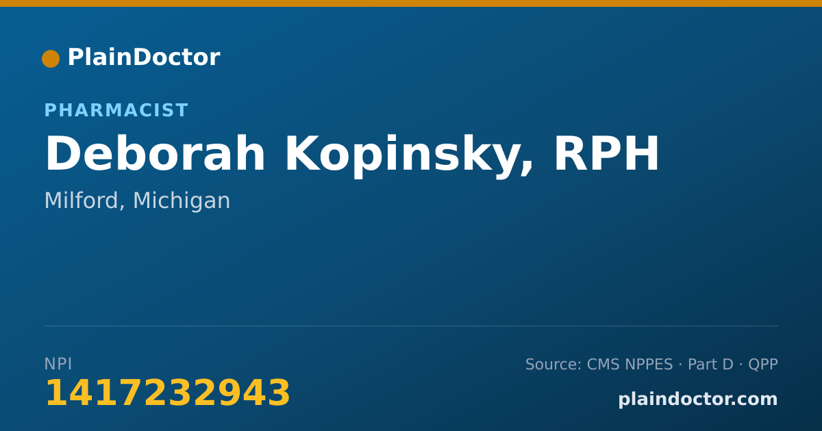 Shareable card for Deborah Kopinsky, RPH - Pharmacist, Milford, MI