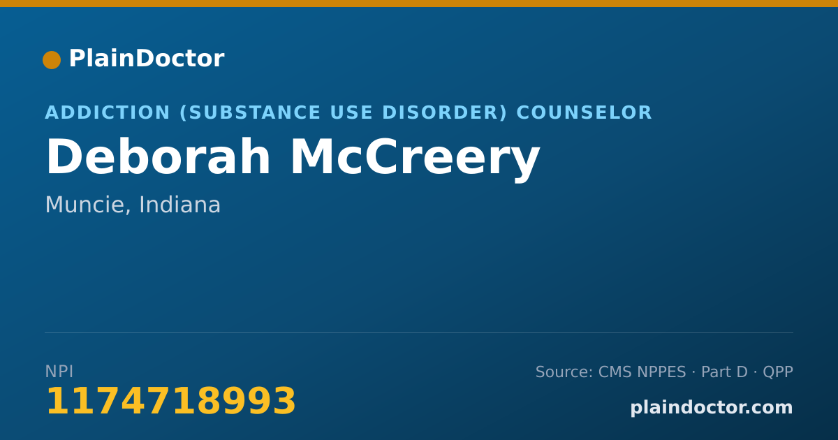 Shareable card for Deborah McCreery - Addiction (Substance Use Disorder) Counselor, Muncie, IN