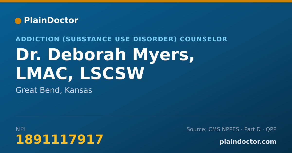 Shareable card for Deborah Myers, LMAC, LSCSW - Addiction (Substance Use Disorder) Counselor, Great Bend, KS
