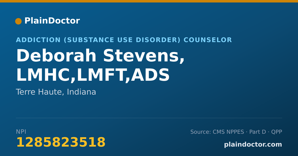 Shareable card for Deborah Stevens, LMHC,LMFT,ADS - Addiction (Substance Use Disorder) Counselor, Terre Haute, IN