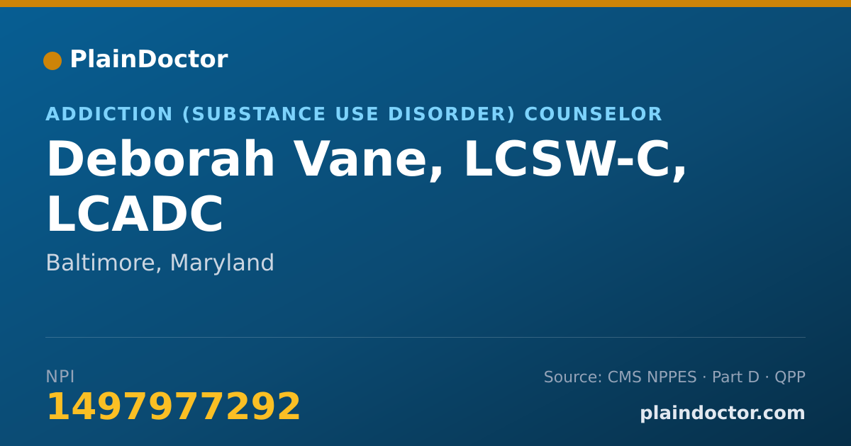 Shareable card for Deborah Vane, LCSW-C,  LCADC - Addiction (Substance Use Disorder) Counselor, Baltimore, MD