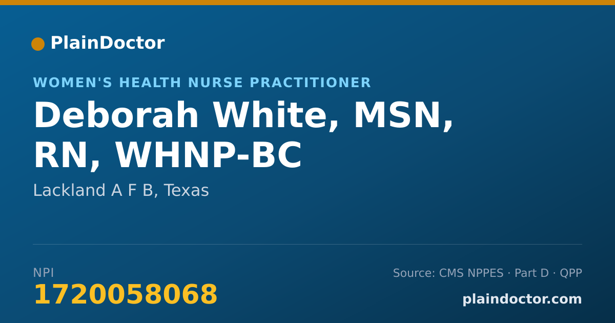 Shareable card for Deborah White, MSN, RN, WHNP-BC - Women's Health Nurse Practitioner, Lackland A F B, TX