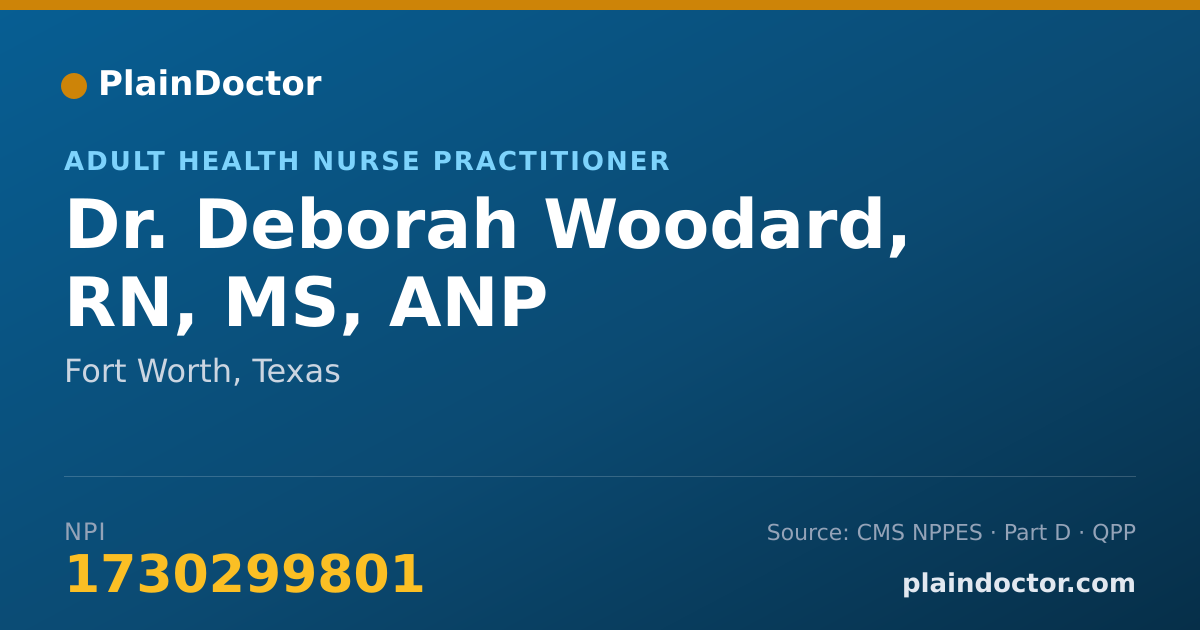 Shareable card for Deborah Woodard, RN, MS, ANP - Adult Health Nurse Practitioner, Fort Worth, TX