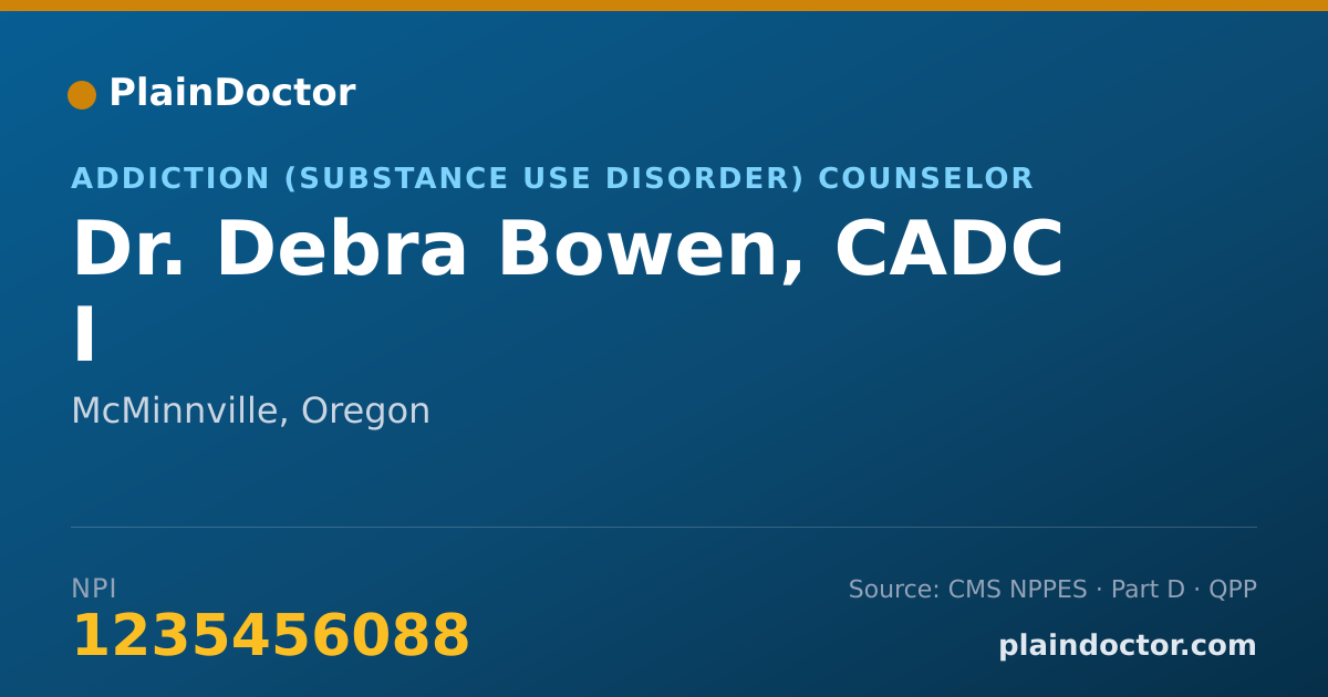 Shareable card for Debra Bowen, CADC I - Addiction (Substance Use Disorder) Counselor, McMinnville, OR