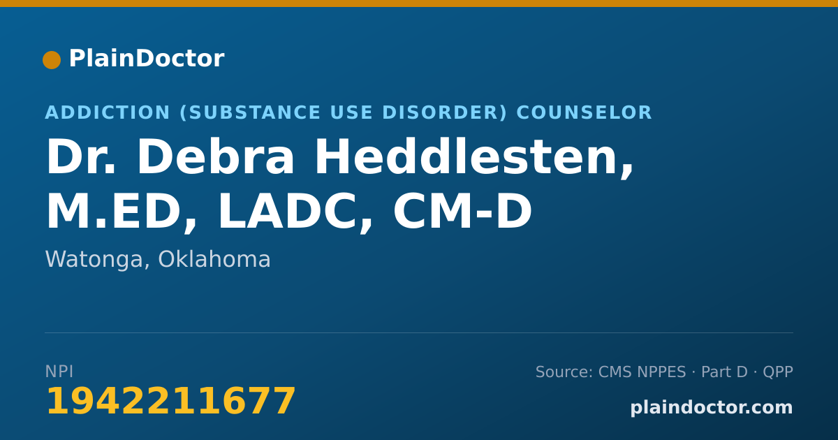 Shareable card for Debra Heddlesten, M.ED, LADC, CM-D - Addiction (Substance Use Disorder) Counselor, Watonga, OK