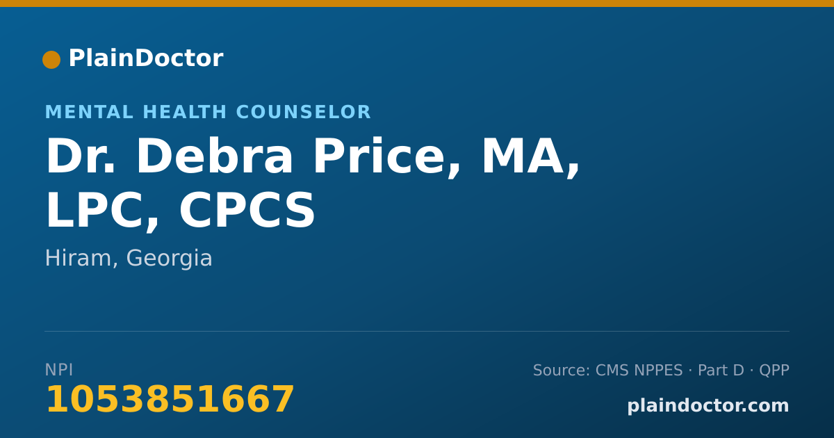 Shareable card for Debra Price, MA, LPC, CPCS - Mental Health Counselor, Hiram, GA