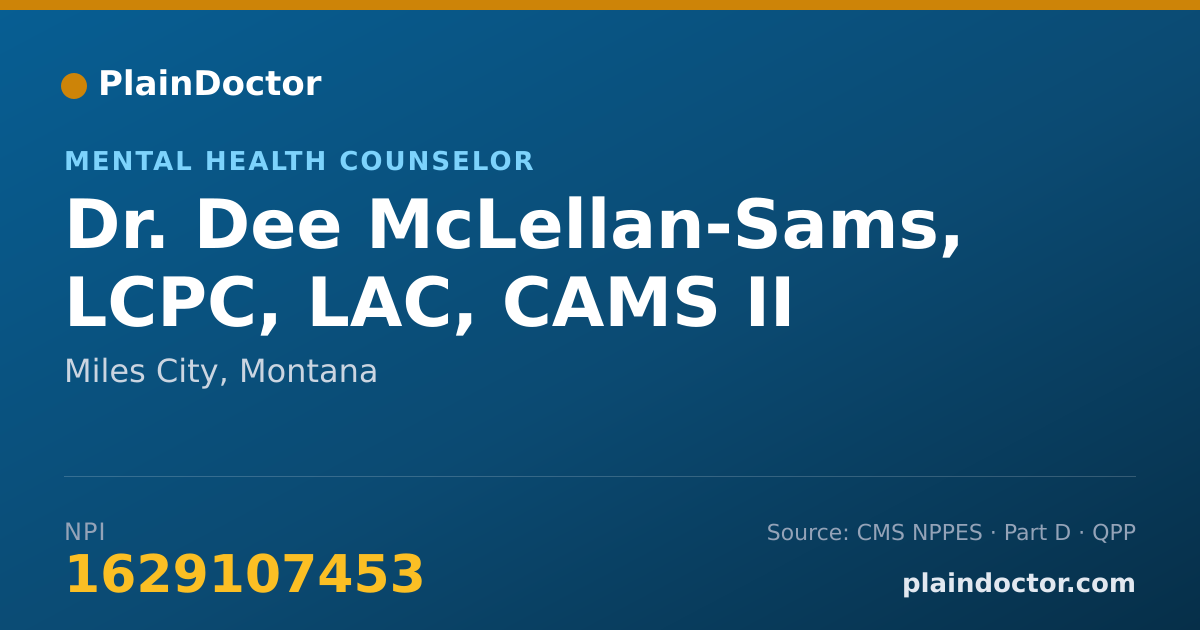 Shareable card for Dee McLellan-Sams, LCPC, LAC, CAMS II - Mental Health Counselor, Miles City, MT
