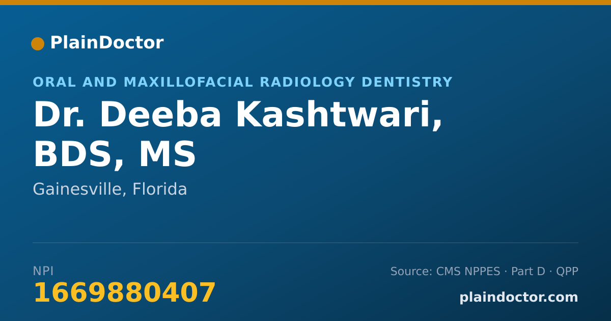 Shareable card for Deeba Kashtwari, BDS, MS - Oral and Maxillofacial Radiology Dentistry, Gainesville, FL