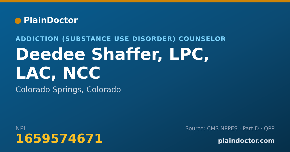 Shareable card for Deedee Shaffer, LPC, LAC, NCC - Addiction (Substance Use Disorder) Counselor, Colorado Springs, CO
