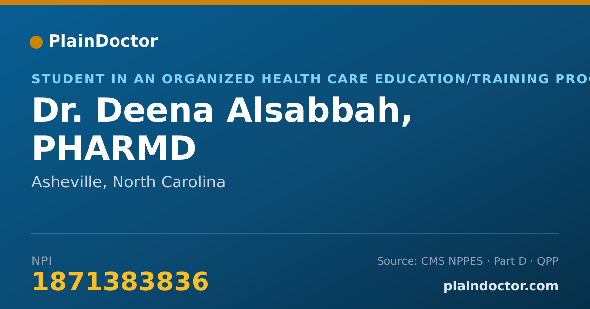 Shareable card for Deena Alsabbah, PHARMD - Student in an Organized Health Care Education/Training Program, Asheville, NC