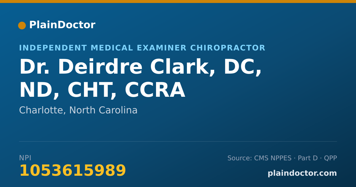 Shareable card for Deirdre Clark, DC, ND, CHT, CCRA - Independent Medical Examiner Chiropractor, Charlotte, NC