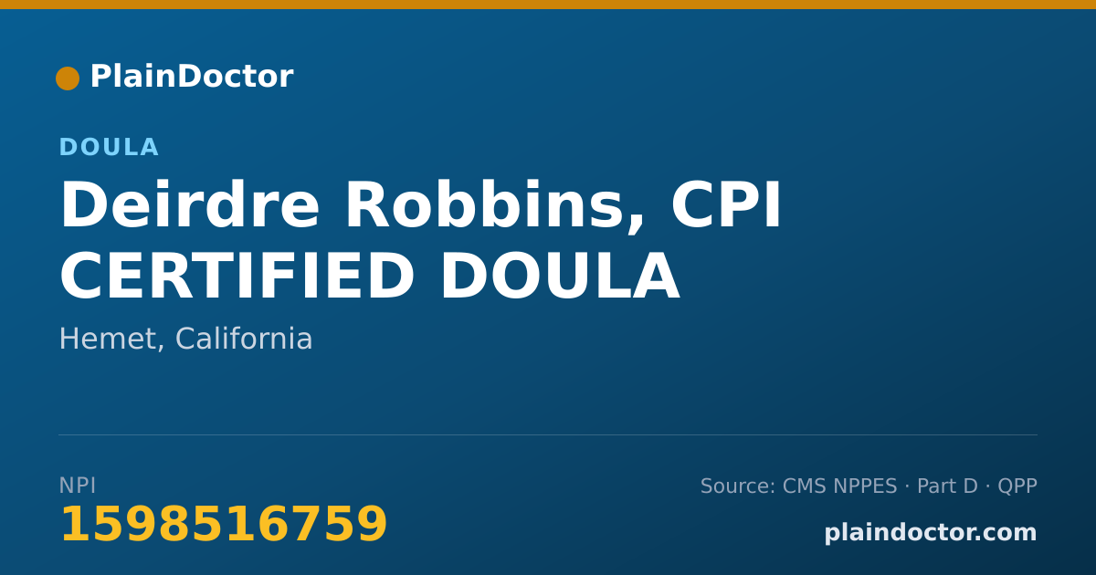 Shareable card for Deirdre Robbins, CPI CERTIFIED DOULA - Doula, Hemet, CA