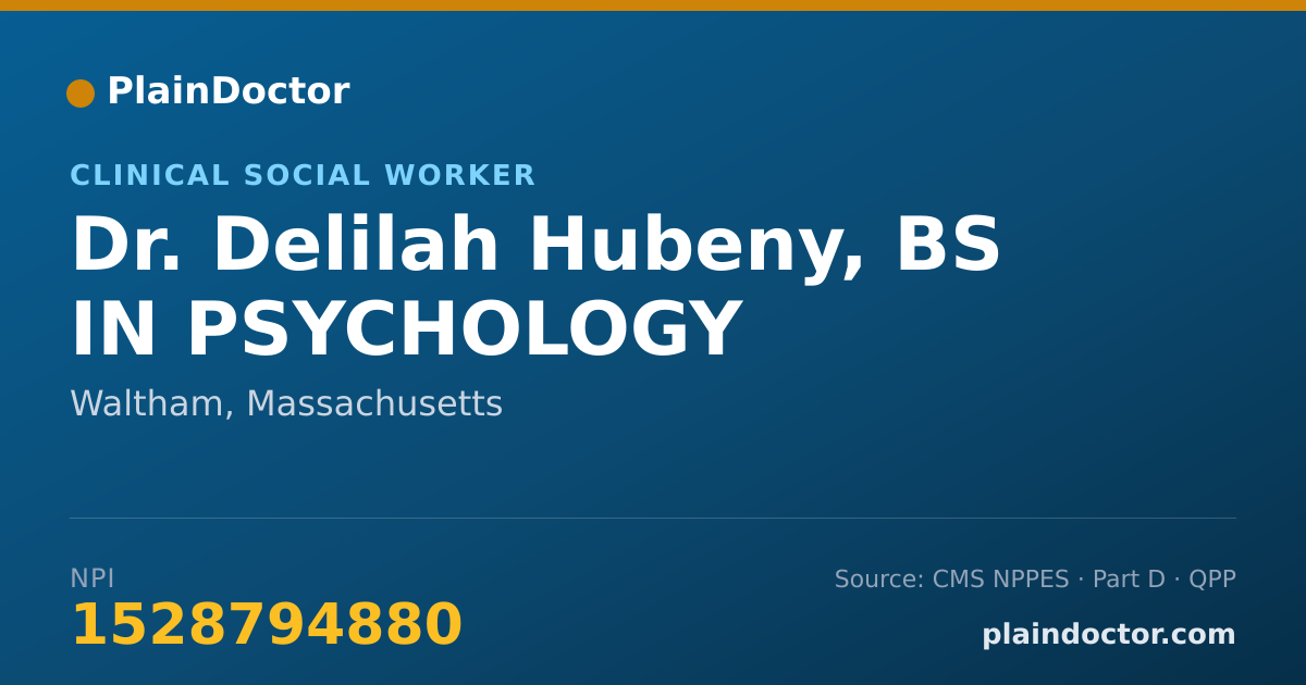 Shareable card for Delilah Hubeny, BS IN PSYCHOLOGY - Clinical Social Worker, Waltham, MA