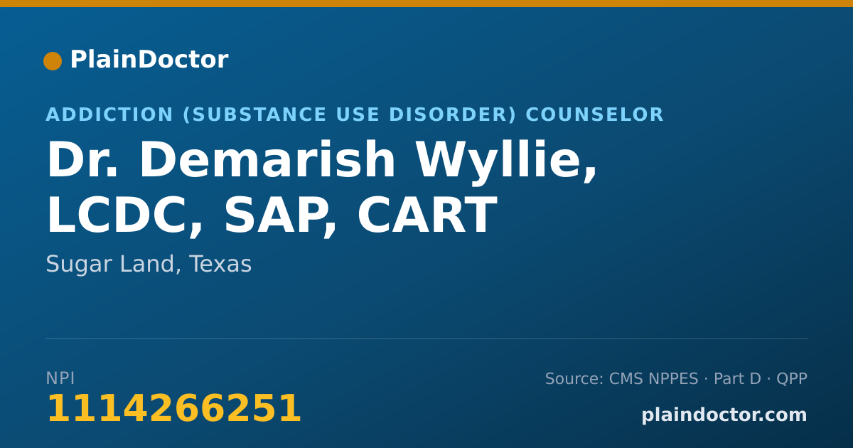 Shareable card for Demarish Wyllie, LCDC, SAP, CART - Addiction (Substance Use Disorder) Counselor, Sugar Land, TX