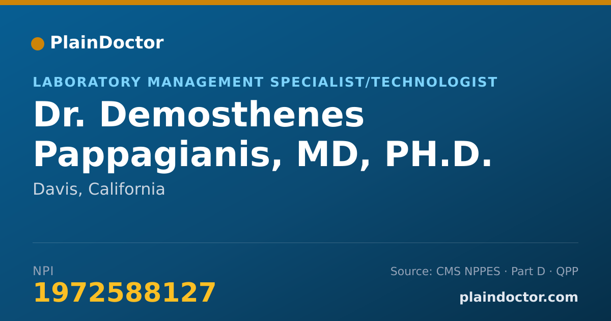 Shareable card for Demosthenes Pappagianis, MD, PH.D. - Laboratory Management Specialist/Technologist, Davis, CA