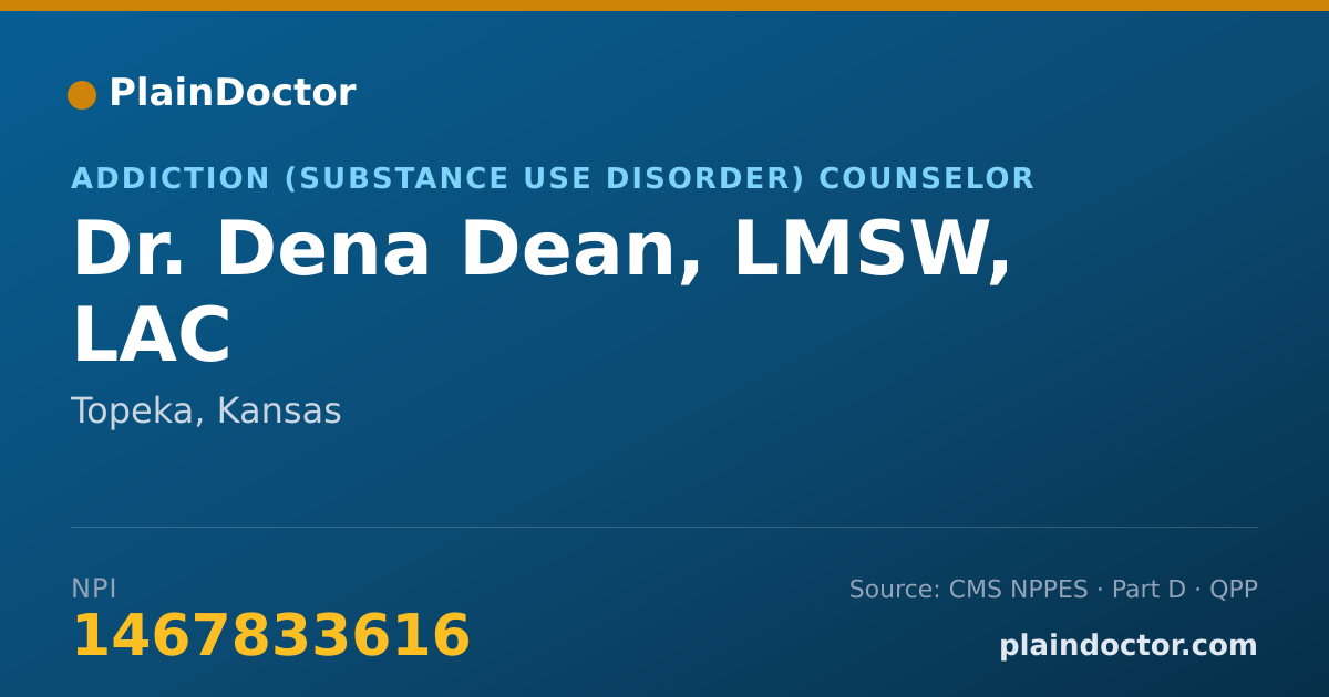 Shareable card for Dena Dean, LMSW, LAC - Addiction (Substance Use Disorder) Counselor, Topeka, KS