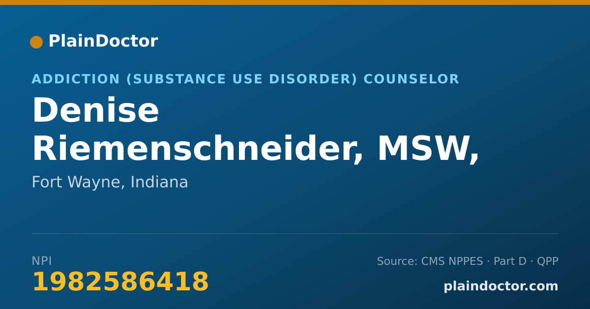 Shareable card for Denise Riemenschneider, MSW, LSW, AND LCAC-A - Addiction (Substance Use Disorder) Counselor, Fort Wayne, IN
