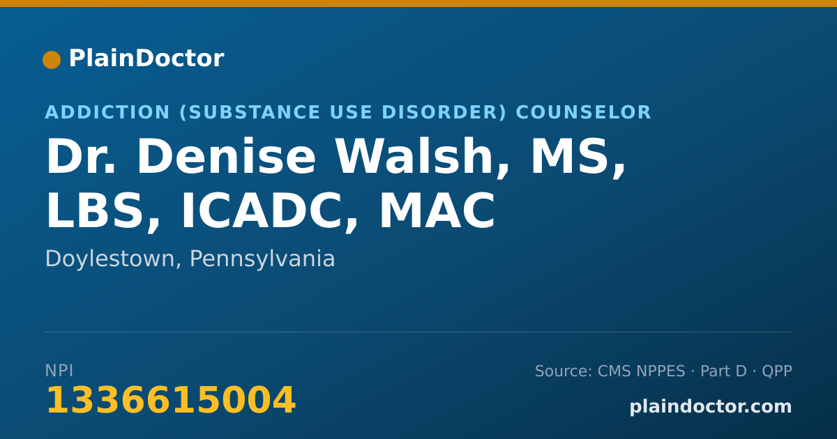Shareable card for Denise Walsh, MS, LBS, ICADC, MAC - Addiction (Substance Use Disorder) Counselor, Doylestown, PA