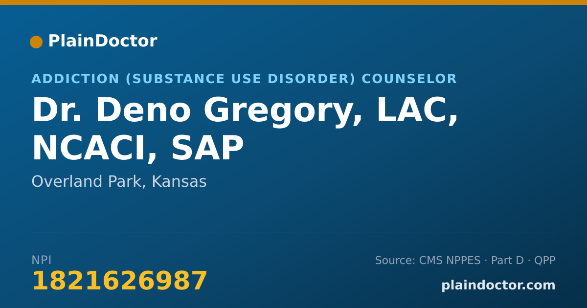 Shareable card for Deno Gregory, LAC, NCACI, SAP - Addiction (Substance Use Disorder) Counselor, Overland Park, KS