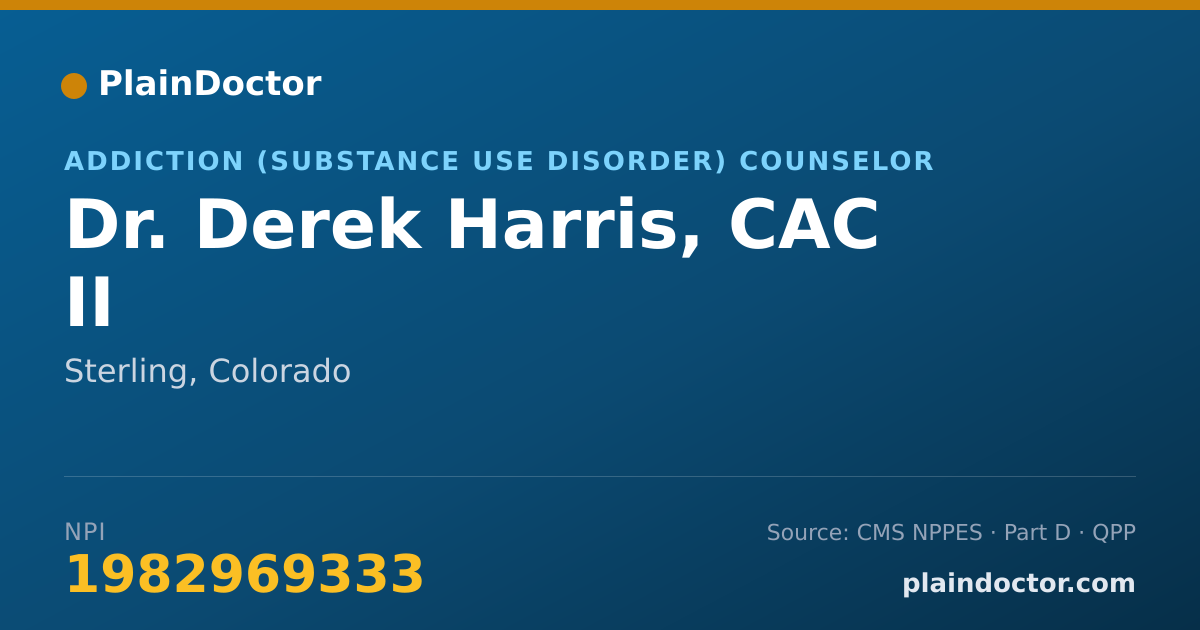 Shareable card for Derek Harris, CAC II - Addiction (Substance Use Disorder) Counselor, Sterling, CO
