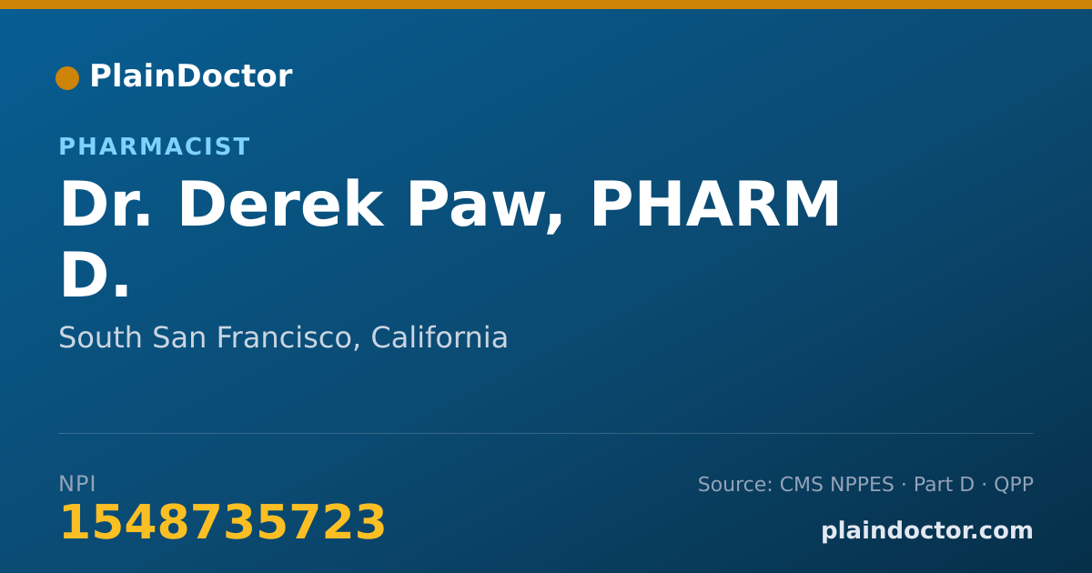 Shareable card for Derek Paw, PHARM D. - Pharmacist, South San Francisco, CA