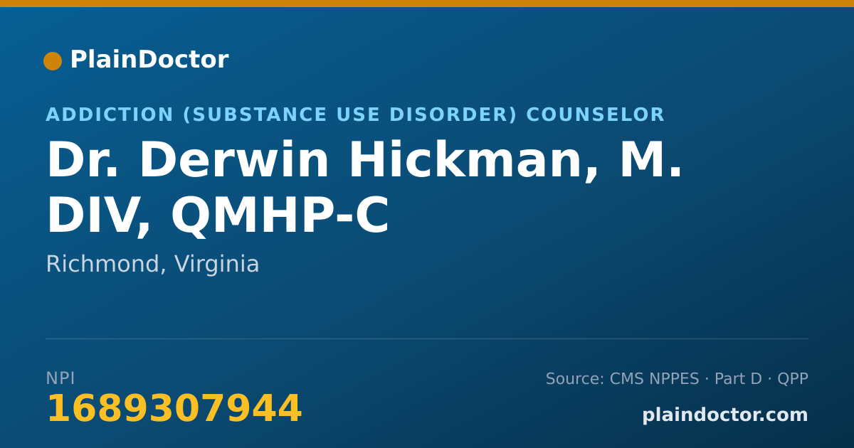 Shareable card for Derwin Hickman, M. DIV, QMHP-C - Addiction (Substance Use Disorder) Counselor, Richmond, VA