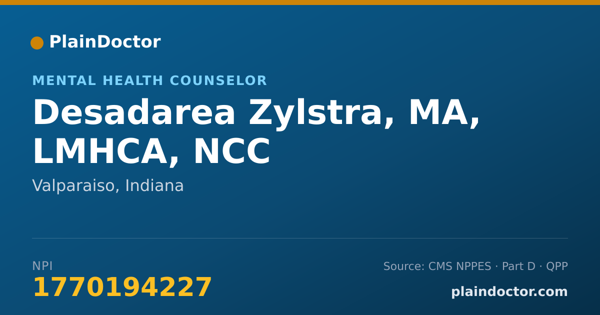 Shareable card for Desadarea Zylstra, MA, LMHCA, NCC - Mental Health Counselor, Valparaiso, IN