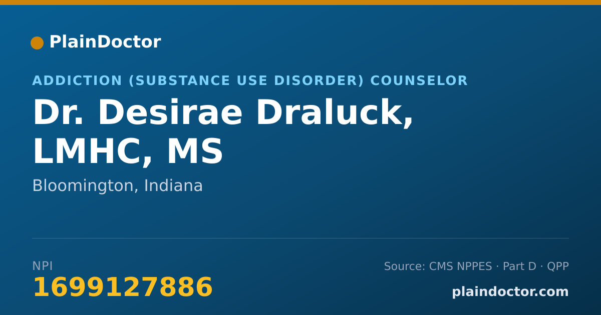 Shareable card for Desirae Draluck, LMHC, MS - Addiction (Substance Use Disorder) Counselor, Bloomington, IN