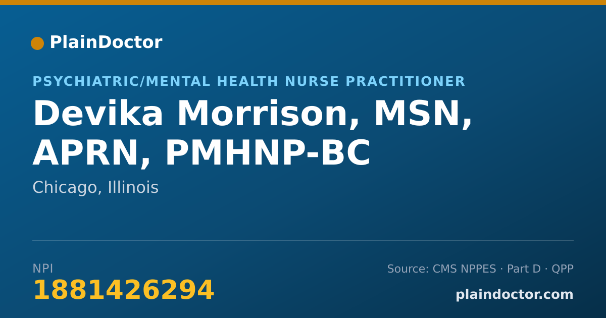 Shareable card for Devika Morrison, MSN, APRN, PMHNP-BC - Psychiatric/Mental Health Nurse Practitioner, Chicago, IL
