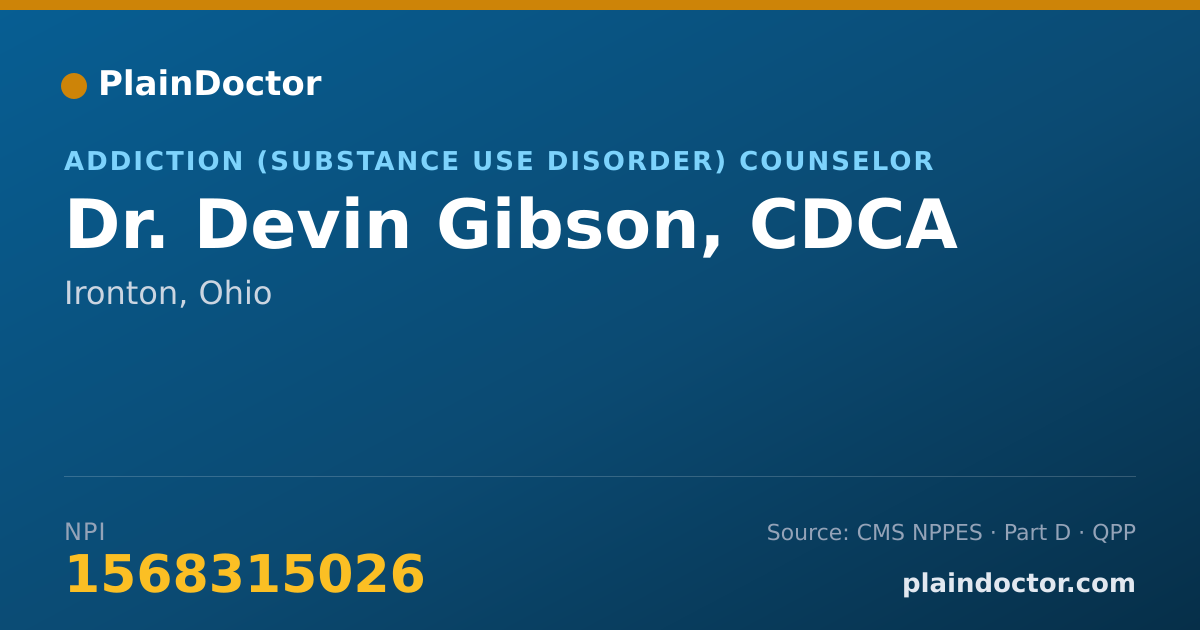 Shareable card for Devin Gibson, CDCA - Addiction (Substance Use Disorder) Counselor, Ironton, OH