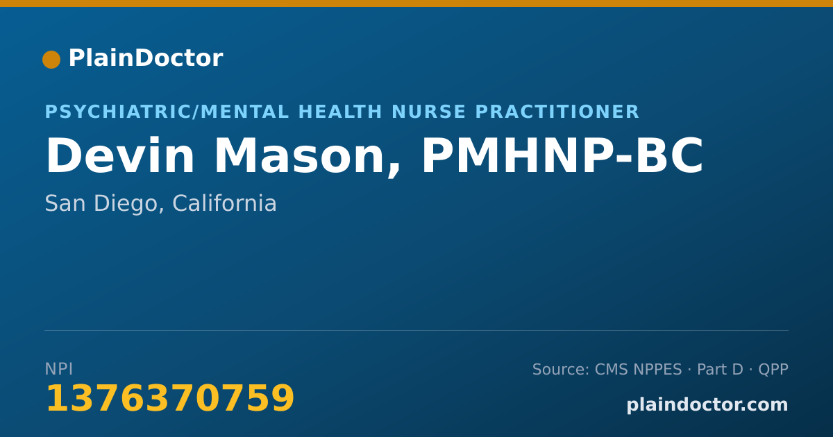 Shareable card for Devin Mason, PMHNP-BC - Psychiatric/Mental Health Nurse Practitioner, San Diego, CA