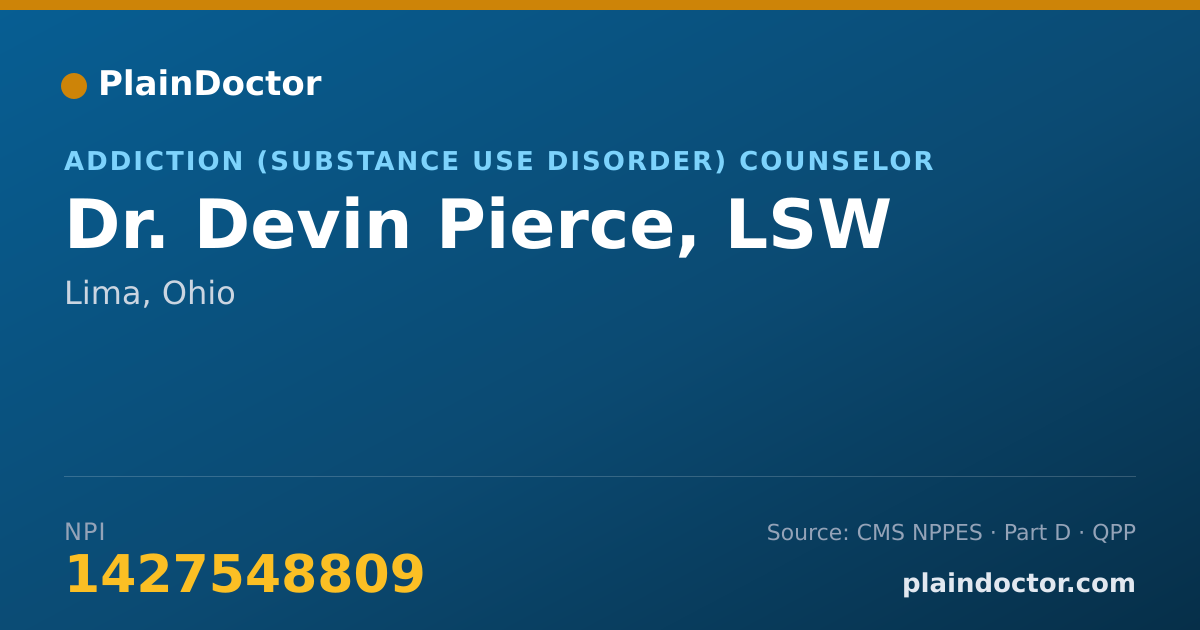 Shareable card for Devin Pierce, LSW - Addiction (Substance Use Disorder) Counselor, Lima, OH