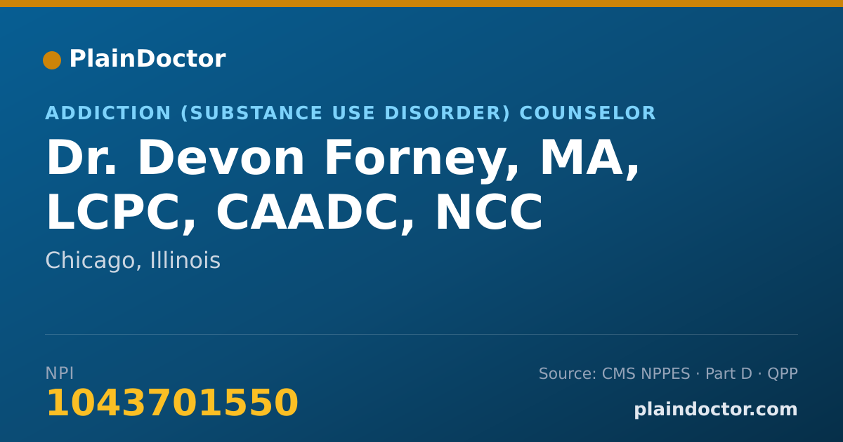 Shareable card for Devon Forney, MA, LCPC, CAADC, NCC - Addiction (Substance Use Disorder) Counselor, Chicago, IL