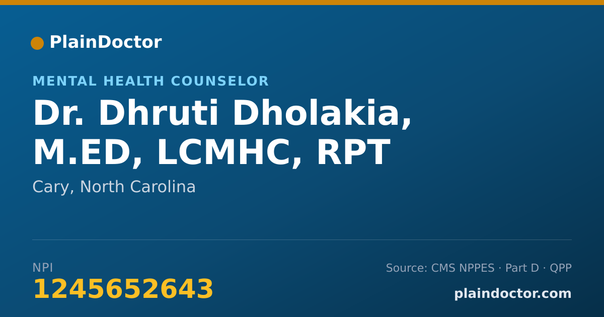 Shareable card for Dhruti Dholakia, M.ED, LCMHC, RPT - Mental Health Counselor, Cary, NC