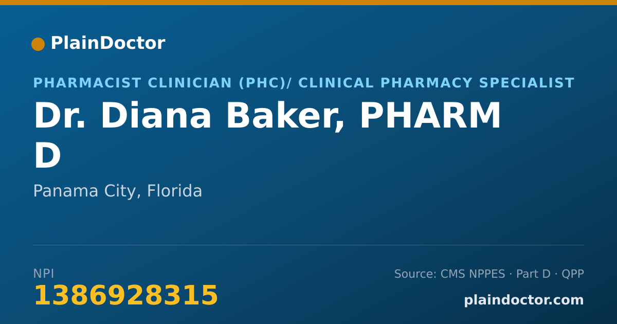 Shareable card for Diana Baker, PHARM D - Pharmacist, Panama City, FL