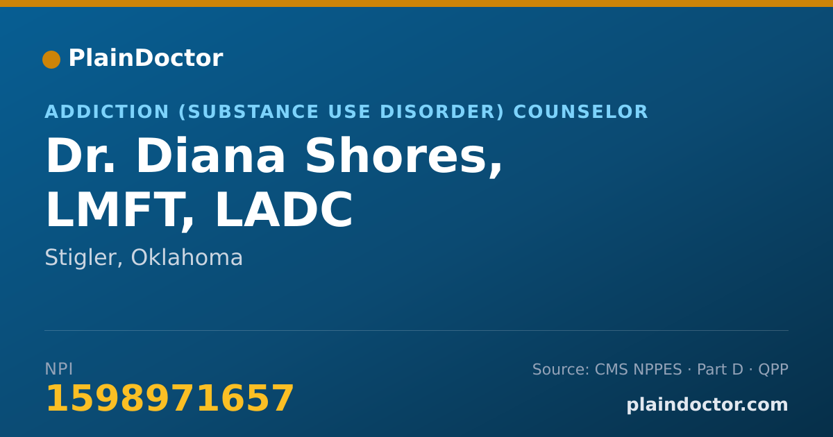 Shareable card for Diana Shores, LMFT, LADC - Addiction (Substance Use Disorder) Counselor, Stigler, OK