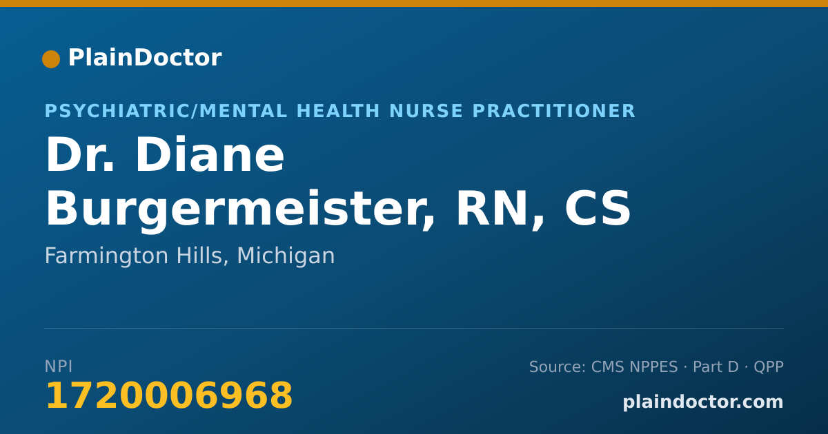 Shareable card for Diane Burgermeister, RN, CS - Psychiatric/Mental Health Nurse Practitioner, Farmington Hills, MI