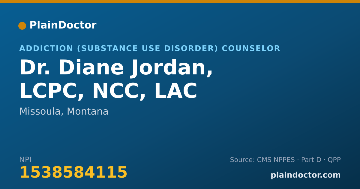Shareable card for Diane Jordan, LCPC, NCC, LAC - Addiction (Substance Use Disorder) Counselor, Missoula, MT