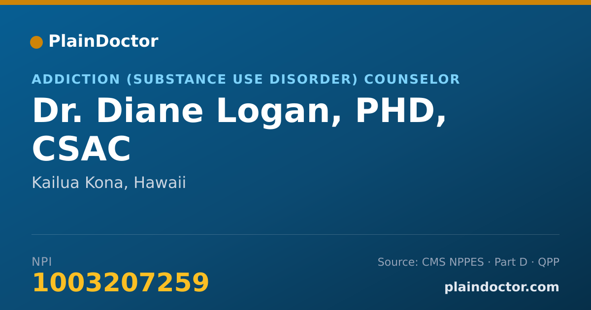 Shareable card for Diane Logan, PHD, CSAC - Addiction (Substance Use Disorder) Counselor, Kailua Kona, HI