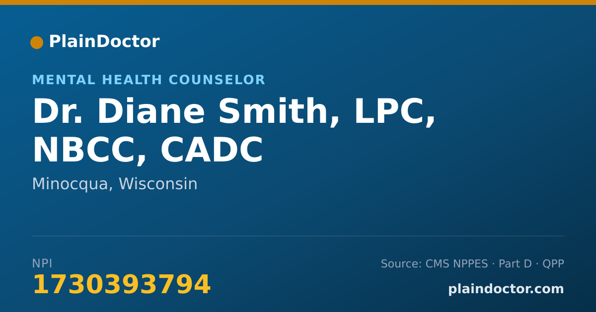 Shareable card for Diane Smith, LPC, NBCC, CADC - Mental Health Counselor, Minocqua, WI